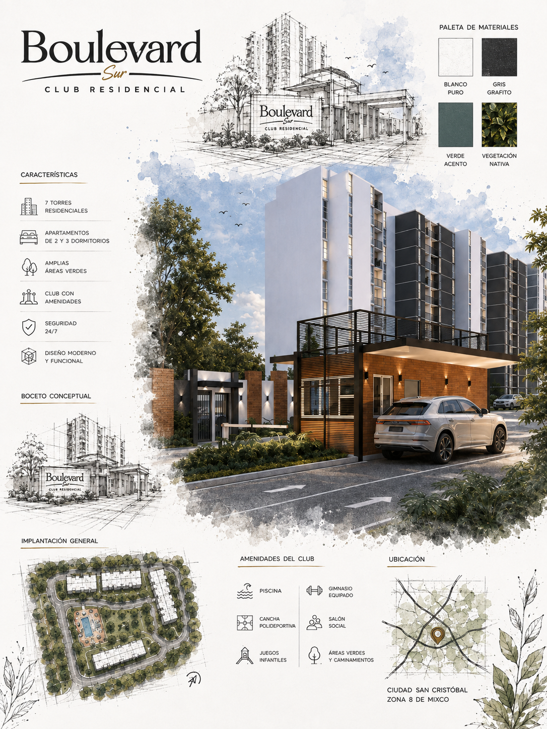 Lámina arquitectónica vertical del proyecto Boulevard Sur